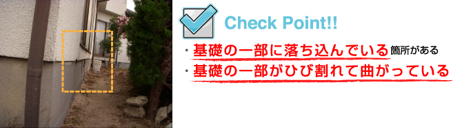 ・基礎の一部に落ち込んでいる箇所がある・基礎の一部がひび割れて曲がっている