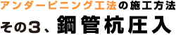 アンダーピニング工法の施工方法：鋼管杭圧入