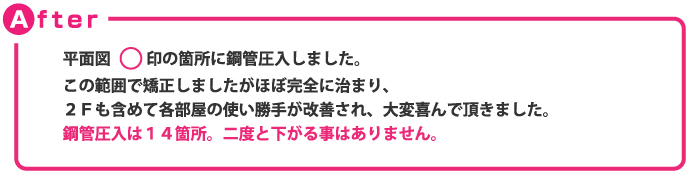 アフター 鋼管圧入は１４箇所。二度と下がる事はありません。