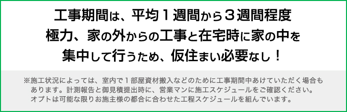 工事期間は、平均１週間から３週間程度。極力、家の外からの工事と在宅時に家の中を
集中して行うため、仮住まい必要なし！